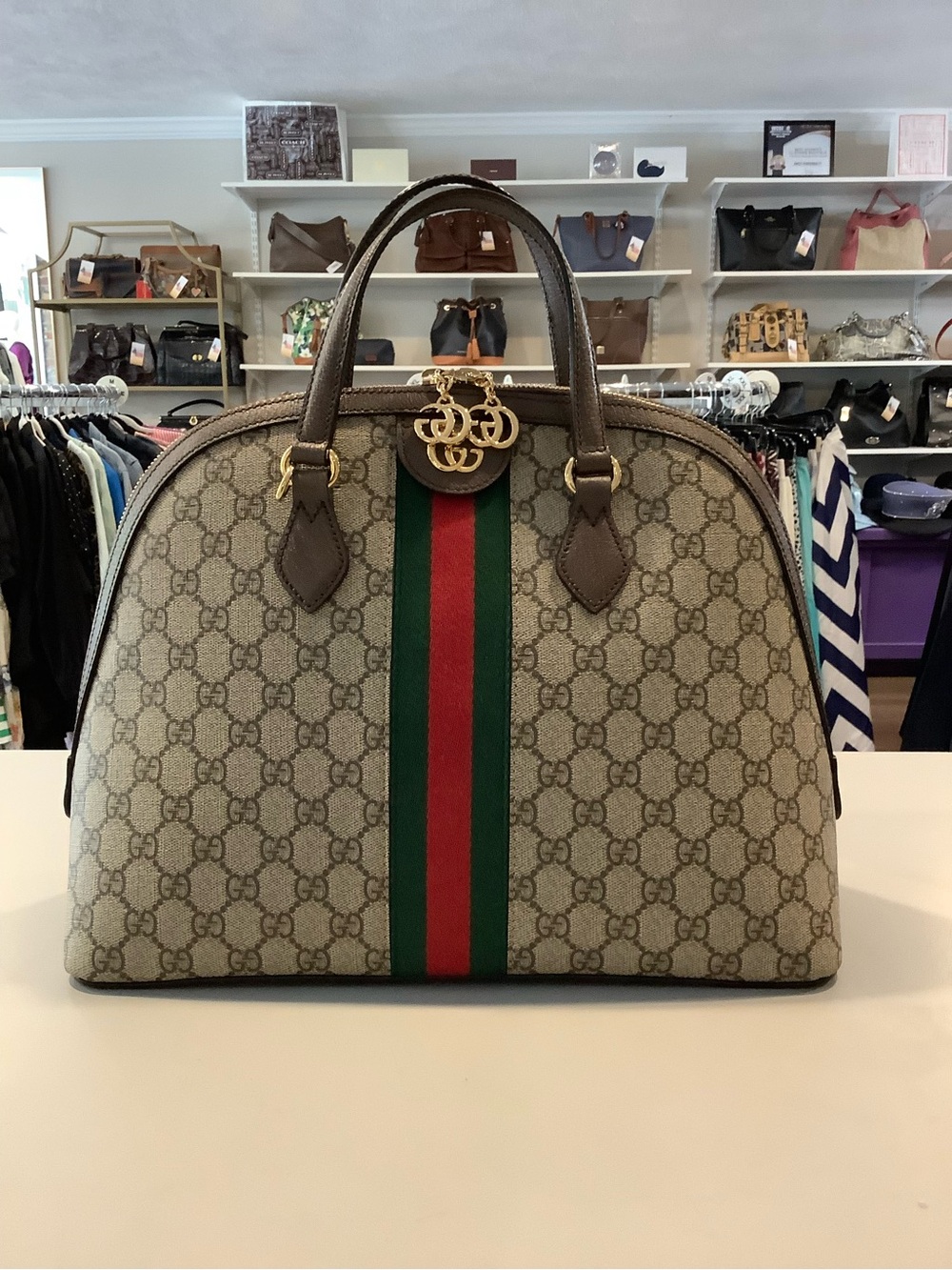 Gucci Beige GG Supreme Satchel with Green and Red Web Stripe